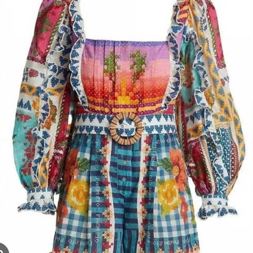 Farm Rio Colorful Bohemian Romper with Floral Patterns and Belt